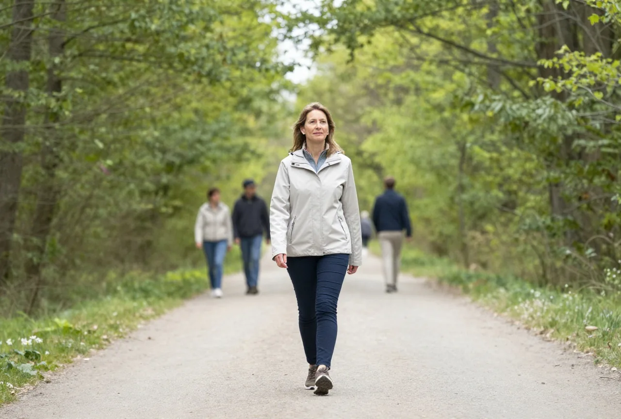 Frau in den Vierzigern geht am Morgen allein ruhig über einen Waldweg zwischen grünen Bäumen