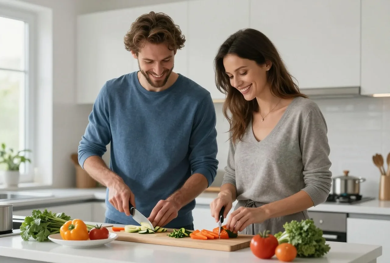 Mann und Frau in den Dreißigern schneiden abends gemeinsam in der Küche Gemüse und kochen zusammen
