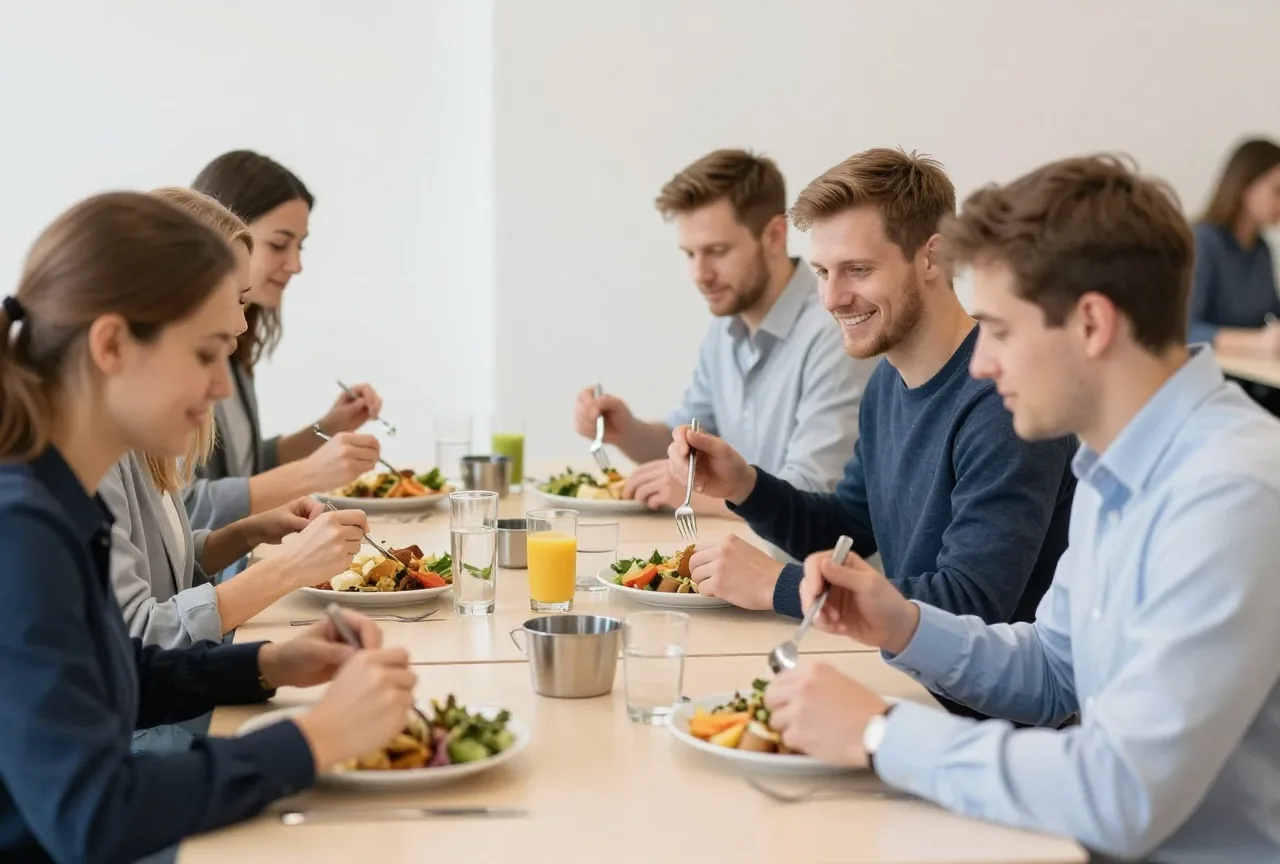 Kollegen essen in einer hellen Kantine gemeinsam an einem langen Tisch zu Mittag und unterhalten sich
