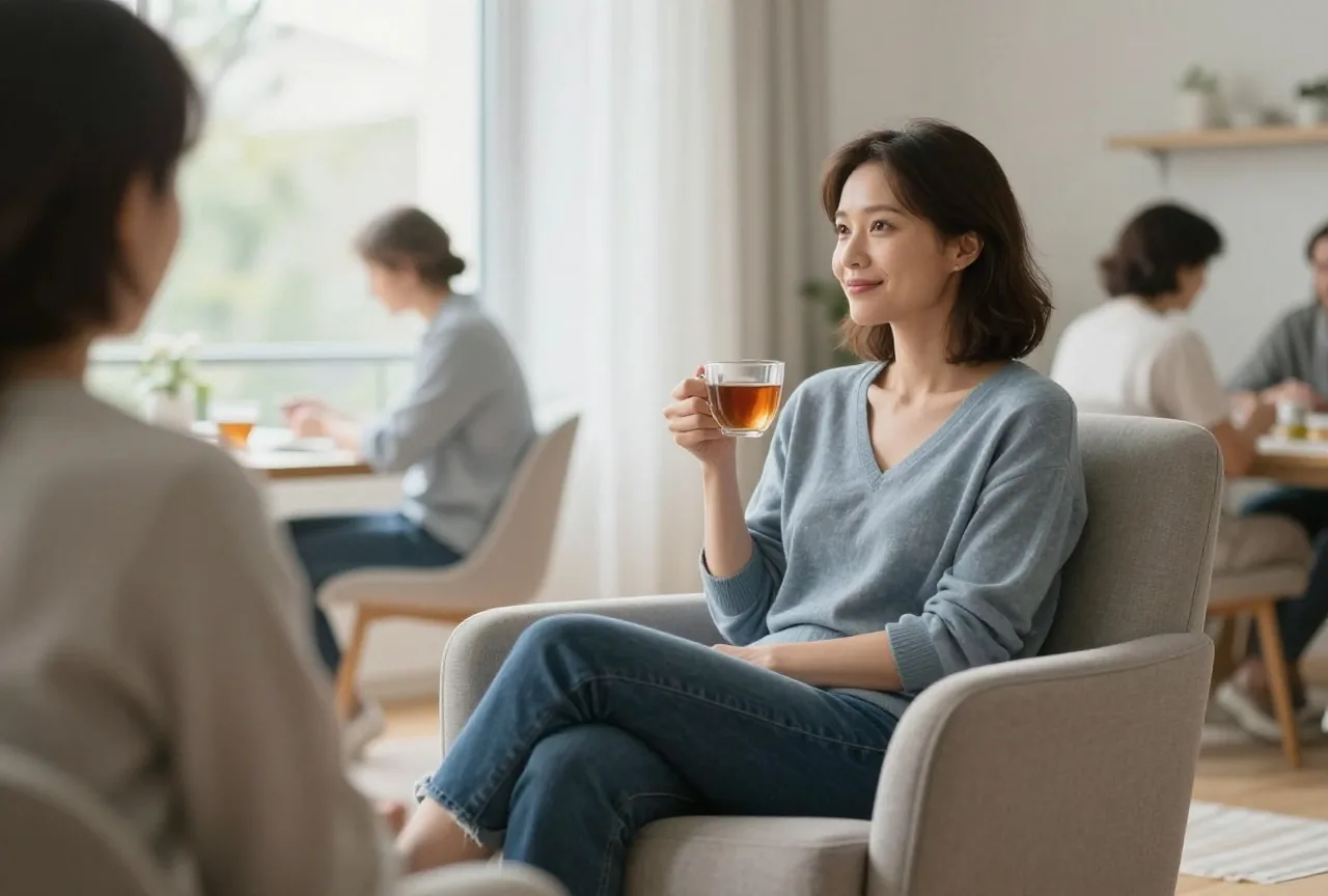 Frau in den Vierzigern sitzt mit einer Tasse Tee im Sessel am Fenster und schaut ruhig hinaus