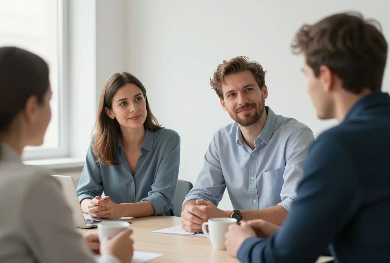 Frau in den Vierzigern und Mann in den Fünfzigern besprechen in einem hellen Büro am Tisch ruhig eine Rückkehr