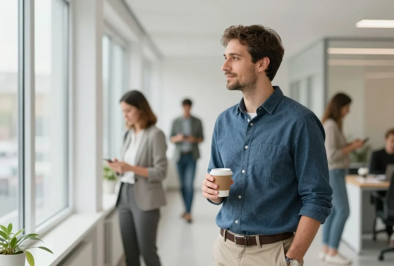 Mann in den Dreißigern steht mit einer Tasse Kaffee am Fenster eines hellen Büroflurs und schaut hinaus