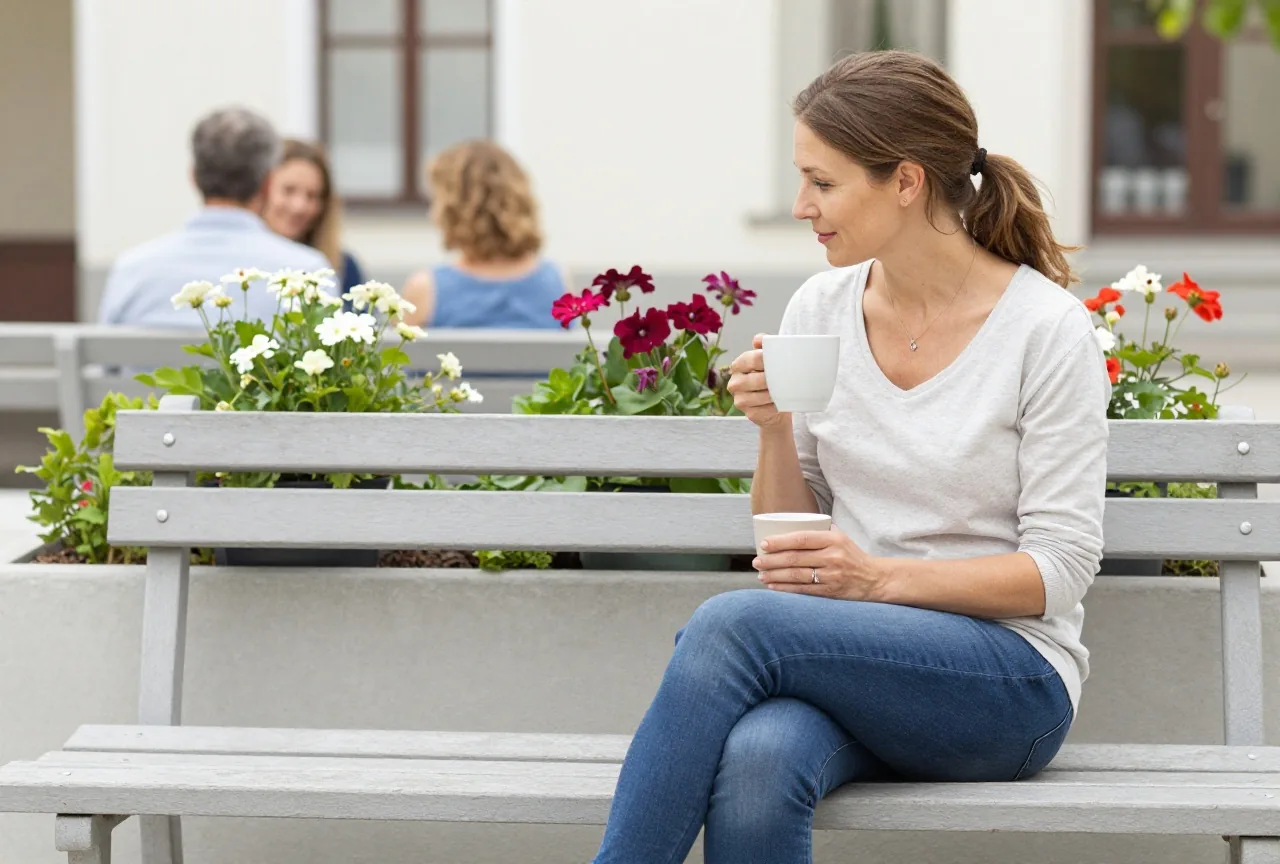 Frau in den Vierzigern sitzt ruhig auf einer Gartenbank, hält eine Tasse in beiden Händen und betrachtet Blumen