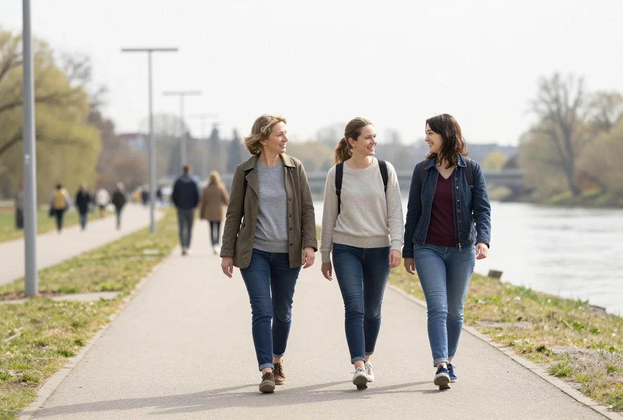 Zwei Frauen gehen bei Tageslicht langsam nebeneinander einen ruhigen Uferweg entlang und sprechen miteinander