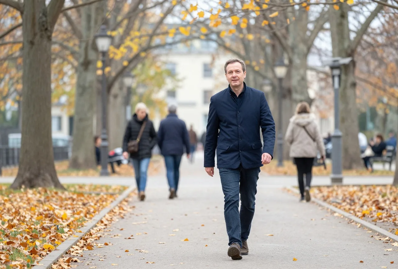 Mann in den Vierzigern geht an einem Herbsttag gemächlich über einen Parkweg mit goldenem Laub
