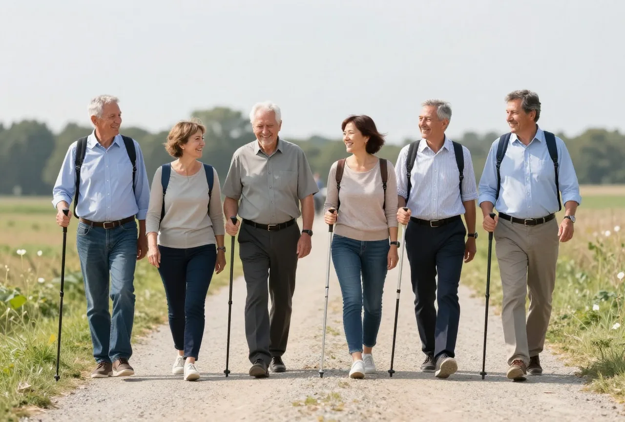 Gruppe Erwachsener in den Fünfzigern geht an einem sonnigen Tag mit Stöcken fröhlich über einen Wiesenweg