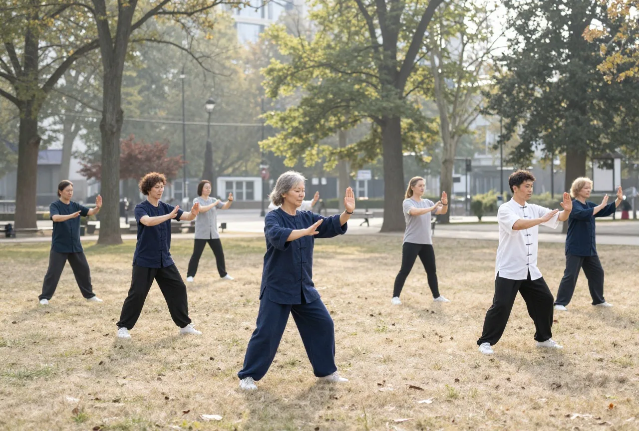 Kleine Gruppe Erwachsener macht am Morgen im Park unter Bäumen gemeinsam langsame Tai-Chi-Bewegungen