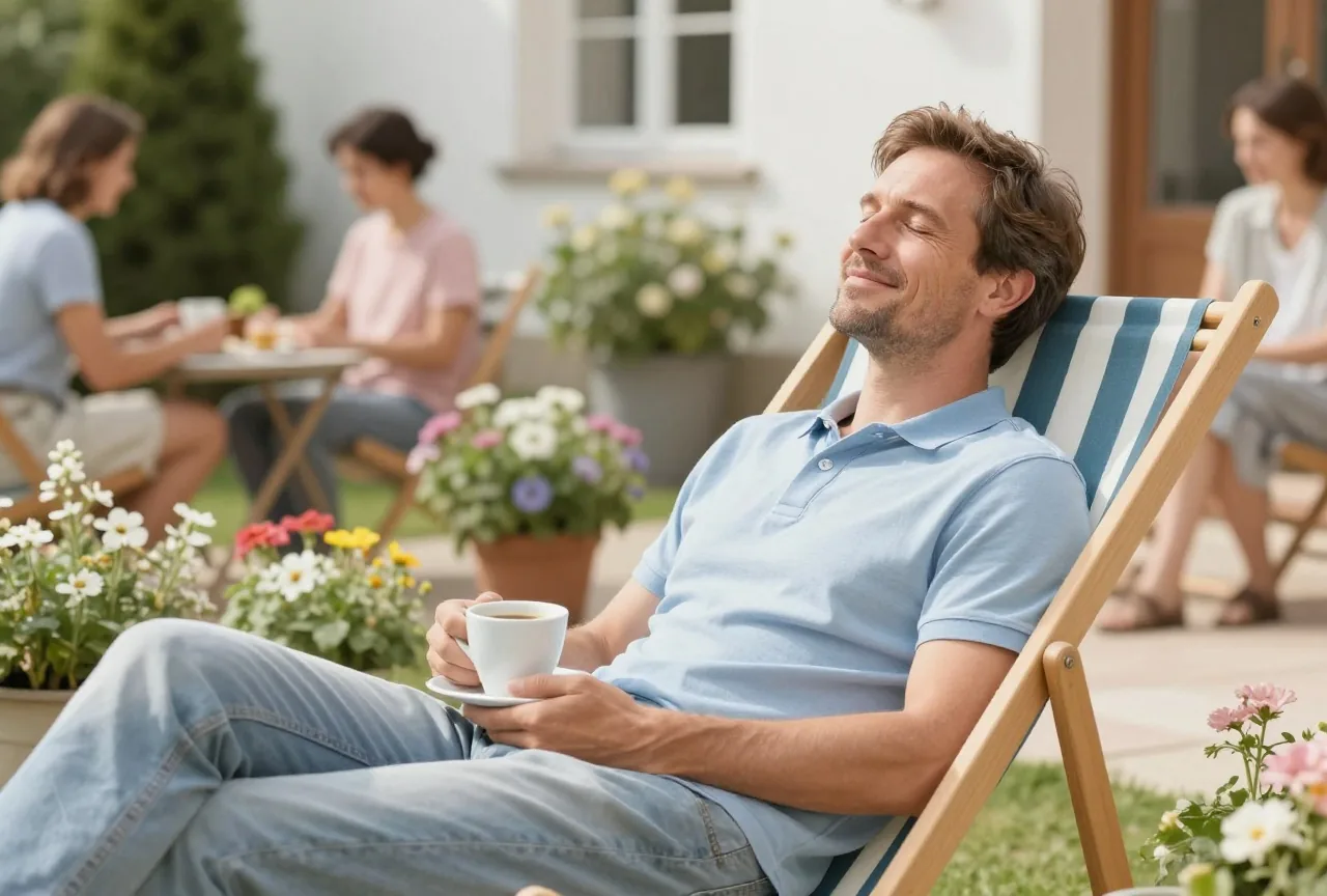Mann in den Fünfzigern liegt mit geschlossenen Augen und einer Tasse Kaffee im Liegestuhl in einem sonnigen Garten