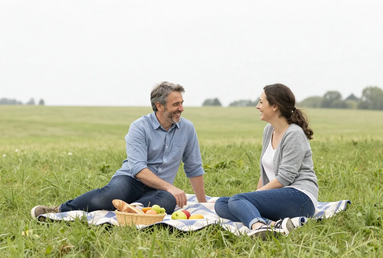 Paar in den Vierzigern macht an einem sonnigen Wochenende auf einer Wiese ein Picknick mit Obst und Brot