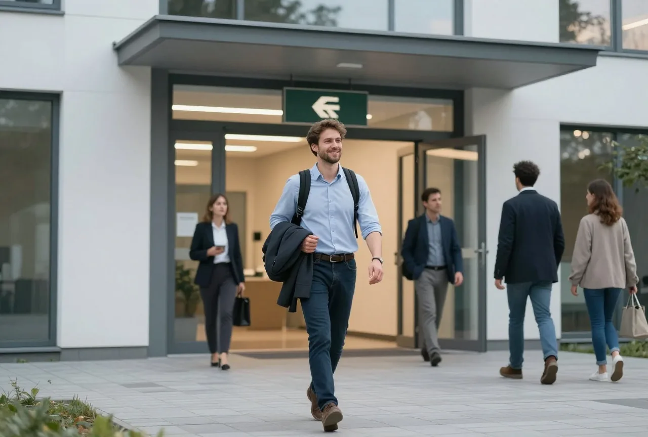 Mann in den Dreißigern verlässt am Abend mit Rucksack und entspanntem Lächeln das Bürogebäude