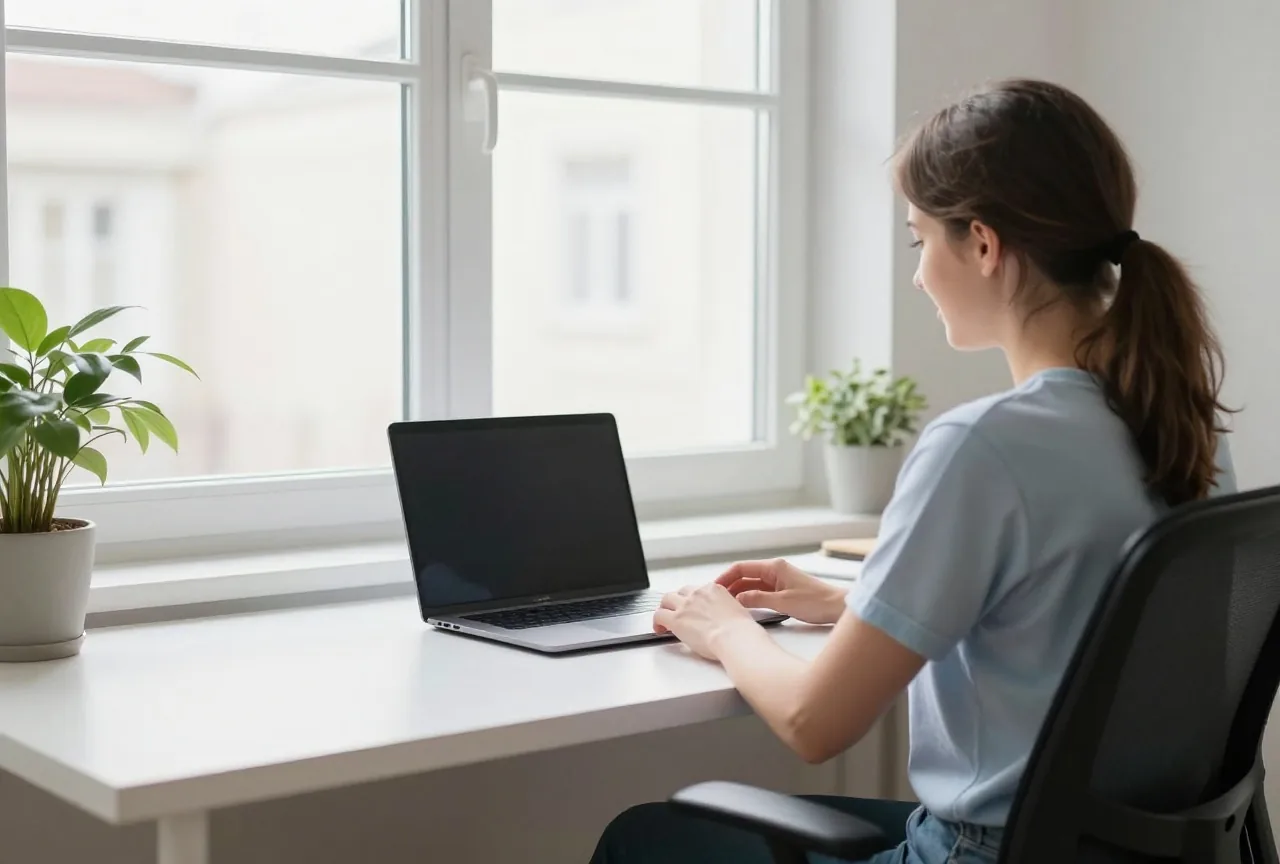Aufgeräumter Arbeitsplatz am Fenster mit geschlossenem Laptop, verstellbarem Stuhl und Zimmerpflanze im Tageslicht