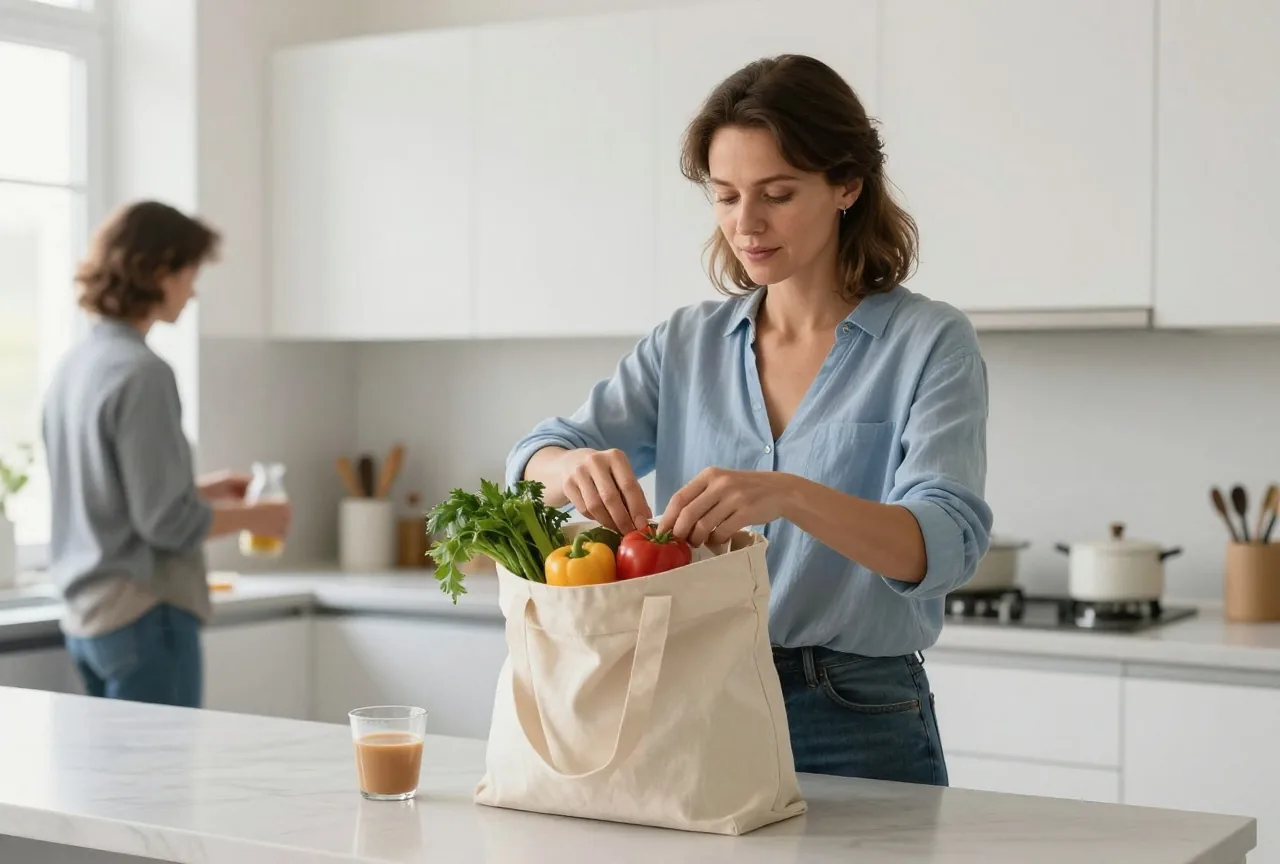 Frau in den Vierzigern packt am Morgen in der hellen Küche Lebensmittel in eine Stofftasche