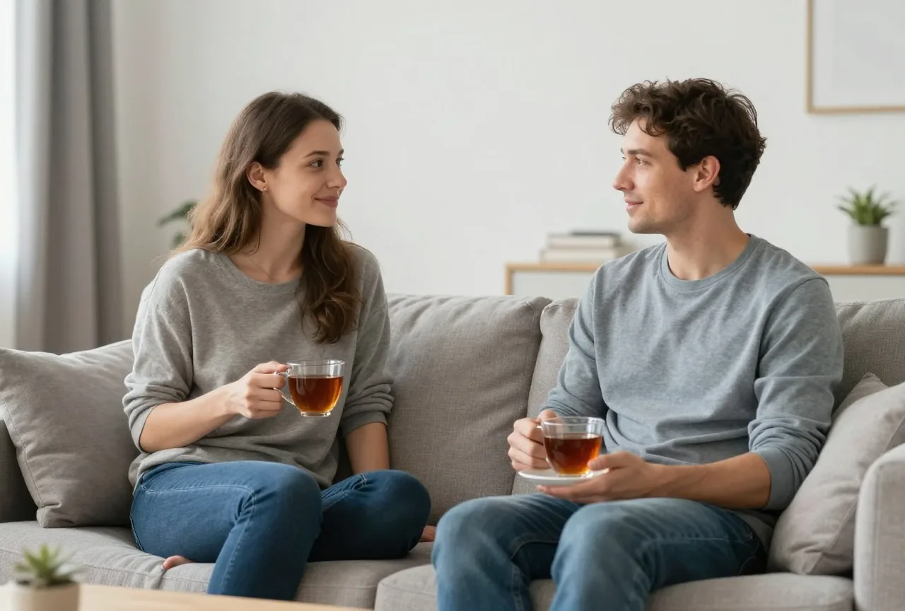 Paar in den Dreißigern sitzt am Nachmittag mit Tee auf dem Sofa und spricht offen miteinander