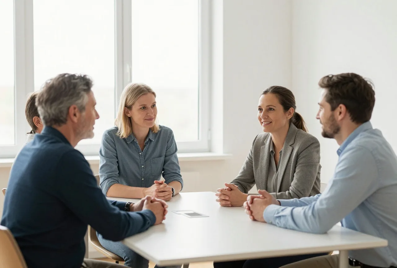 Vier Erwachsene unterschiedlichen Alters sitzen in einem hellen Besprechungsraum am Tisch und sprechen konstruktiv