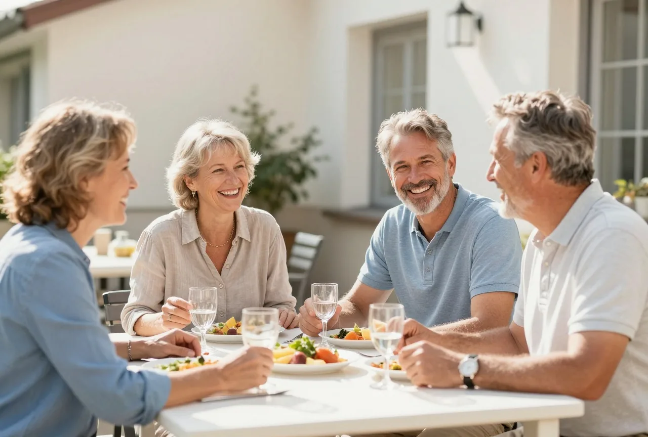 Vier Freunde in den Fünfzigern essen an einem sonnigen Nachmittag zusammen auf einer Terrasse und lachen