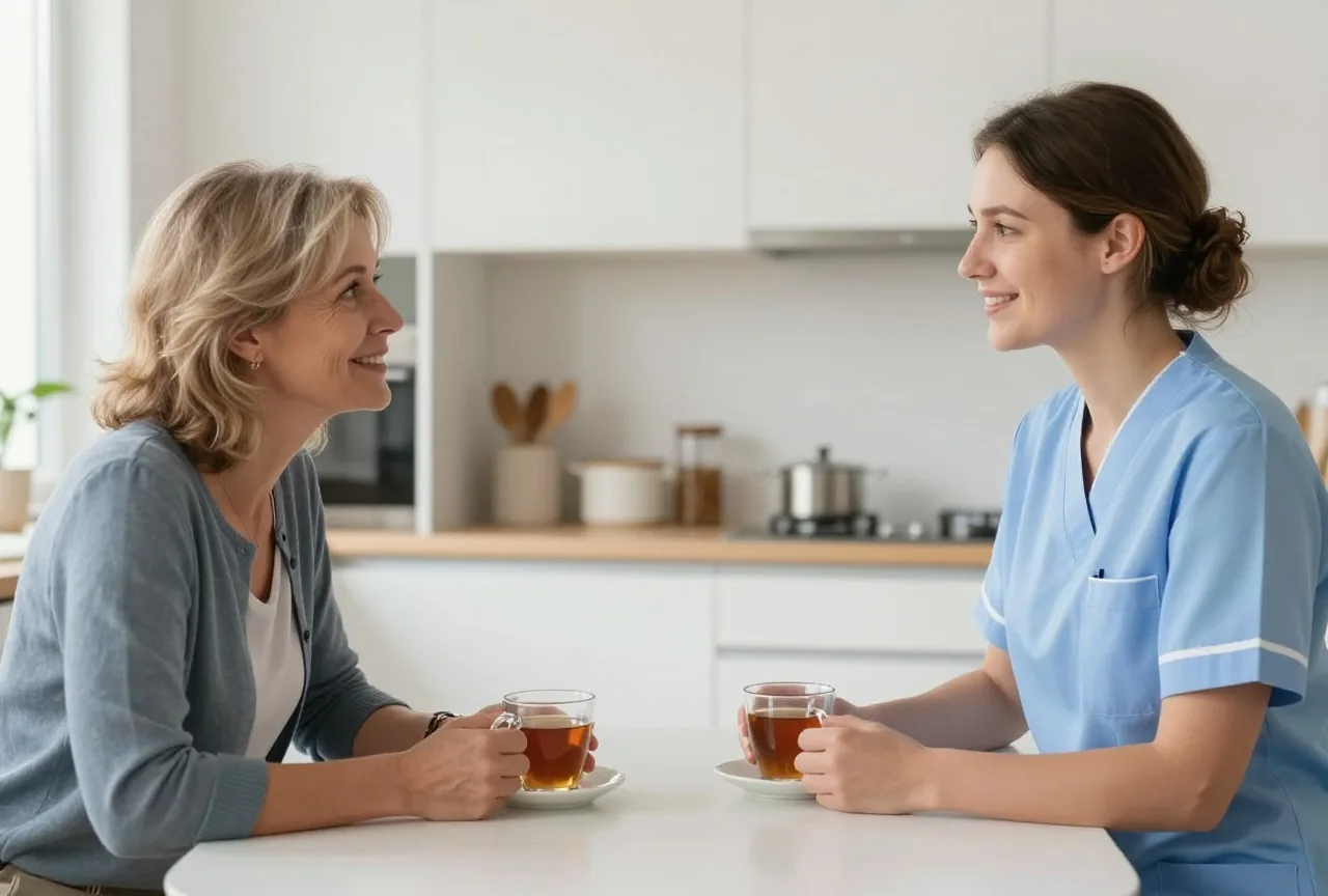 Frau in den Fünfzigern und eine Pflegekraft in den Dreißigern sprechen in der Küche bei Tee freundlich miteinander