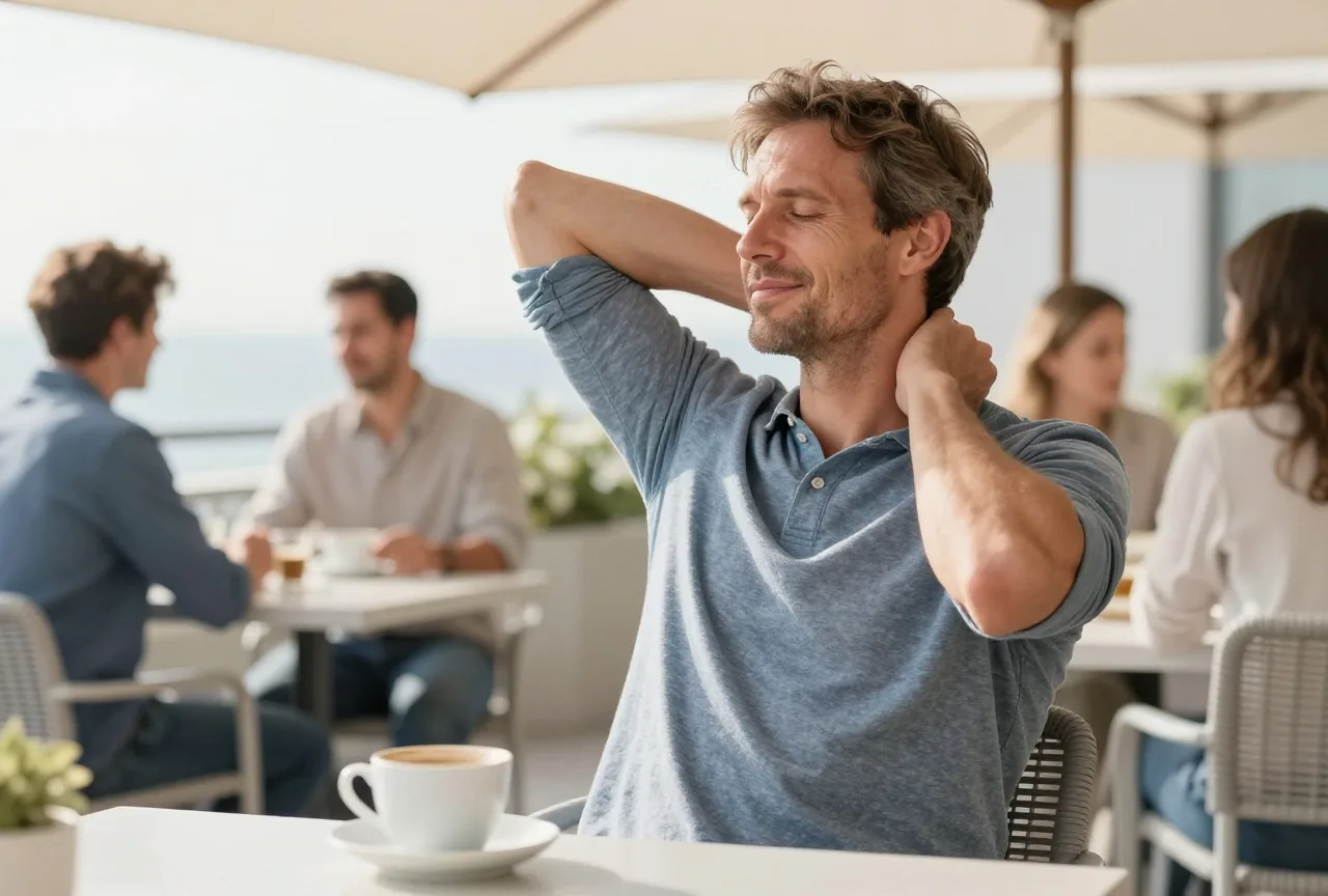 Mann in den Vierzigern dehnt am Morgen auf einer sonnigen Terrasse behutsam den Nacken zur Seite