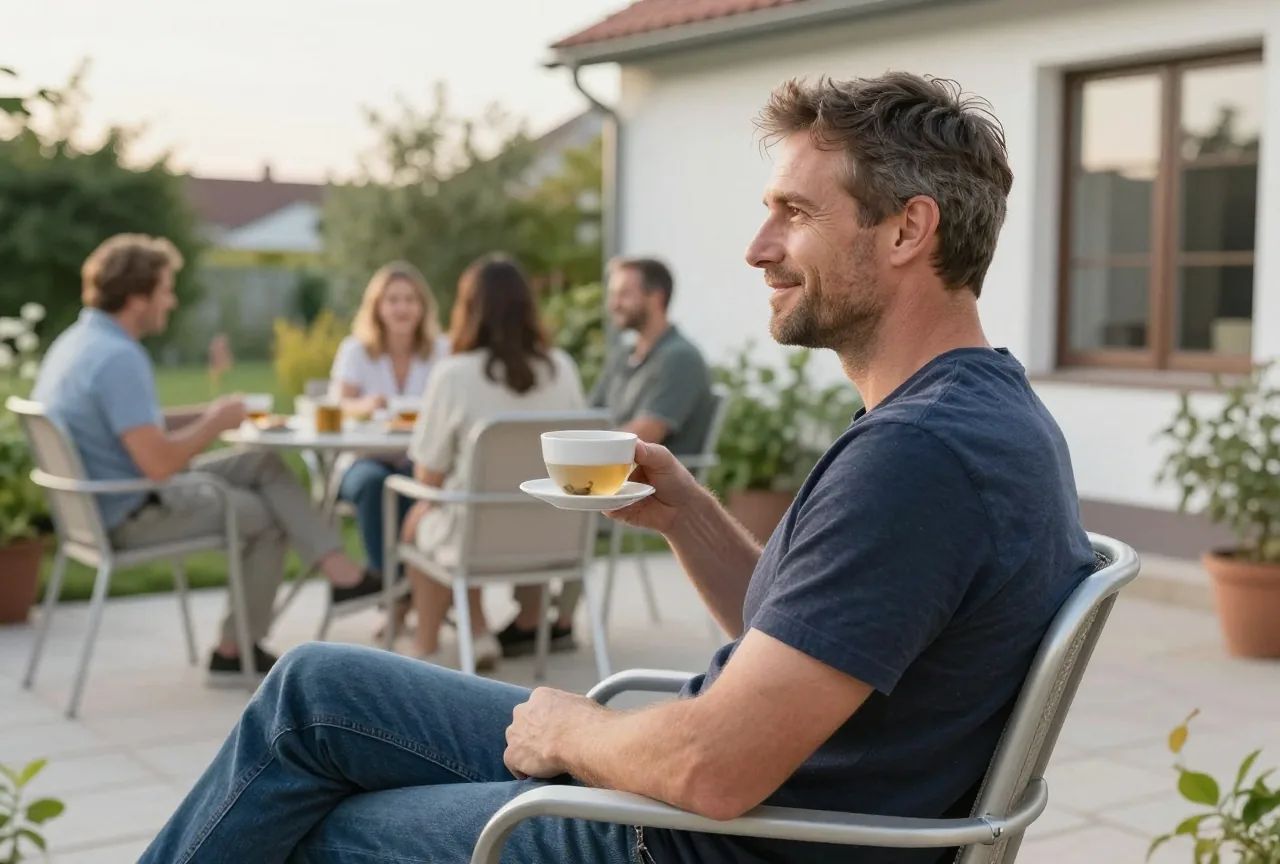 Mann in den Vierzigern sitzt am frühen Abend mit Kräutertee auf der Terrasse und blickt in den Garten