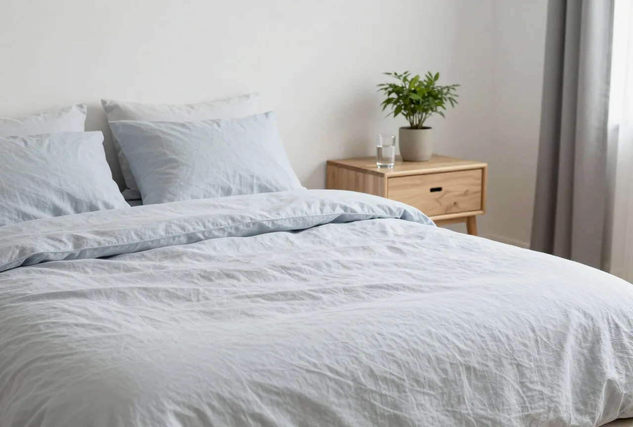 Aufgeräumtes Schlafzimmer im Morgenlicht mit gemachtem Bett, Wasserglas und Pflanze auf dem Nachttisch