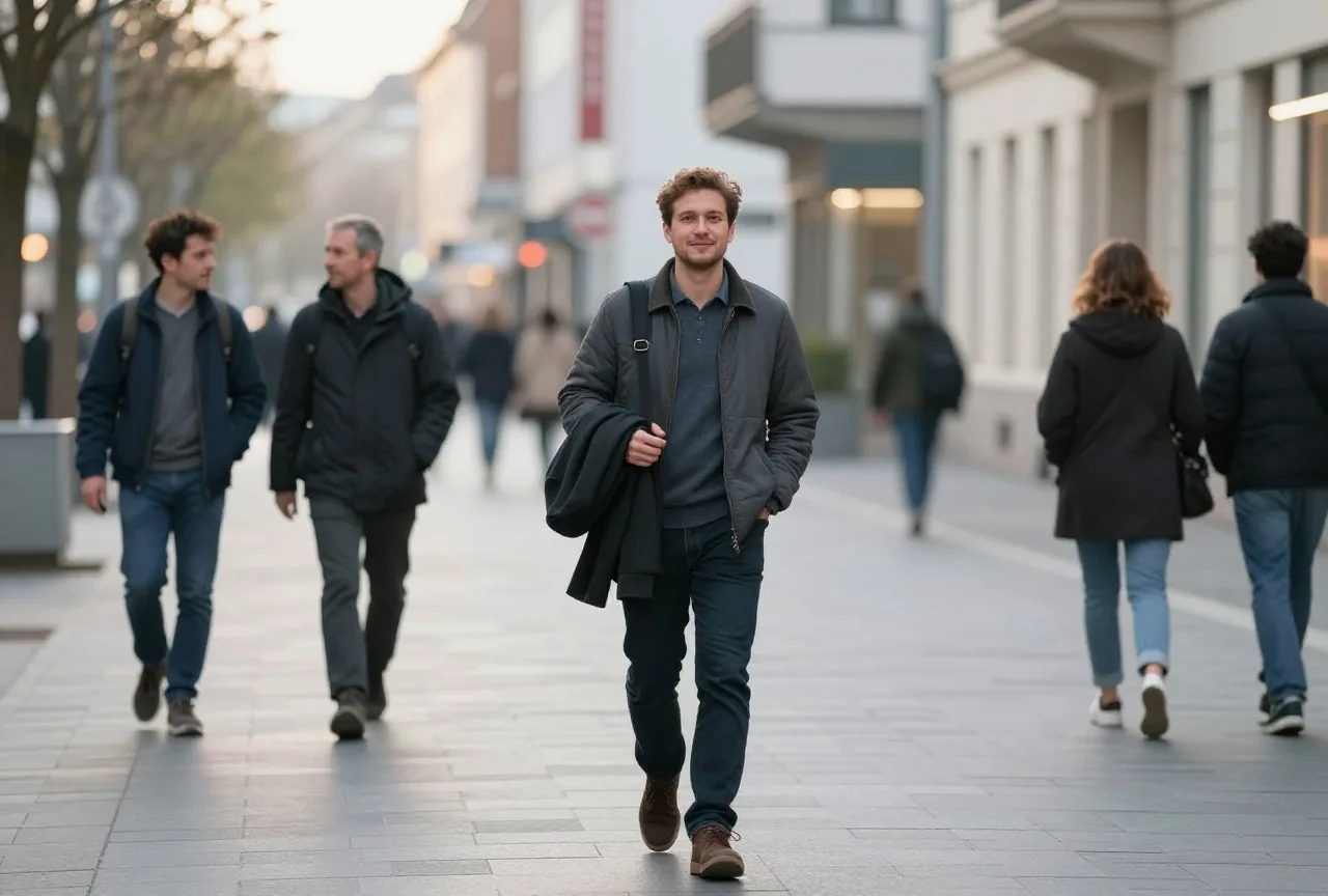 Mann in den Dreißigern geht am Abend mit der Jacke überm Arm entspannt von der Arbeit nach Hause