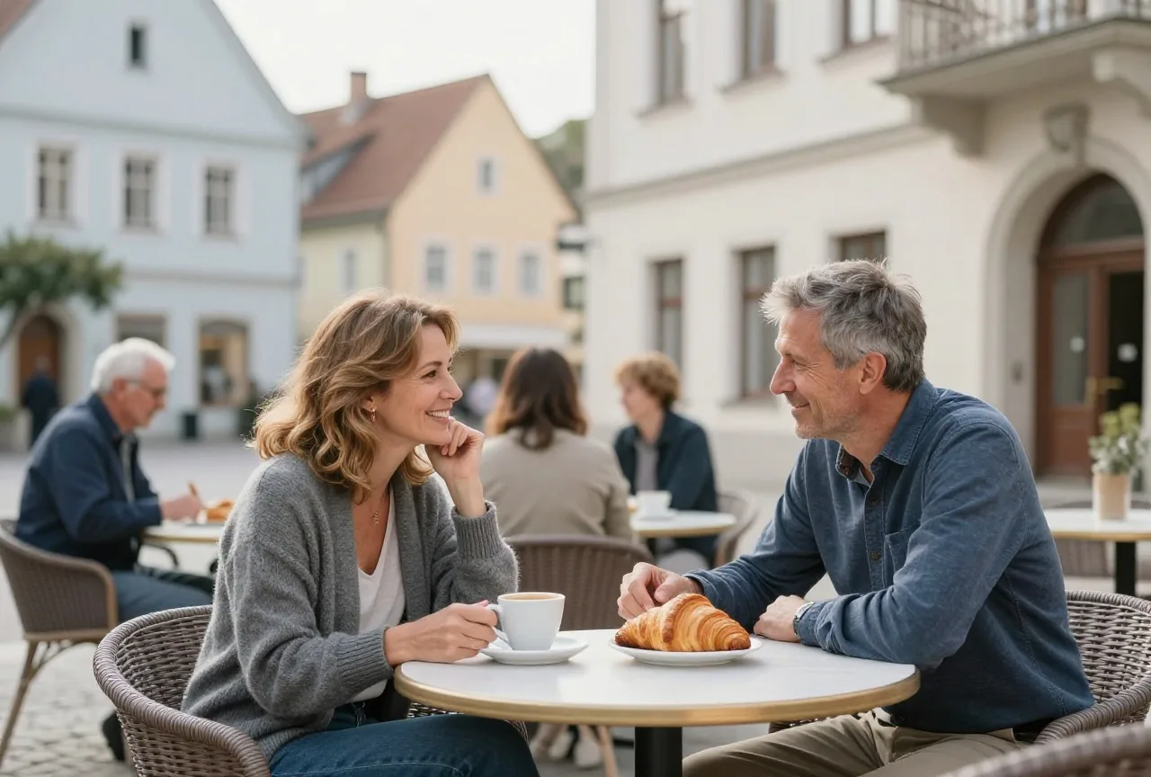 Paar in den Vierzigern frühstückt morgens auf einer Caféterrasse in einer südeuropäischen Altstadt