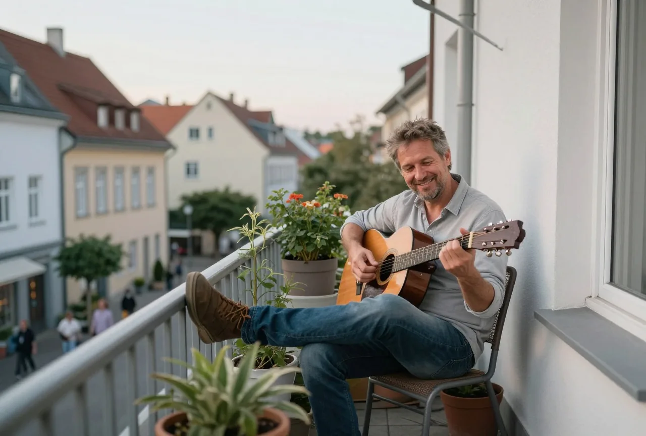 Mann in den Vierzigern spielt am Abend auf dem Balkon zwischen Pflanzen entspannt Gitarre